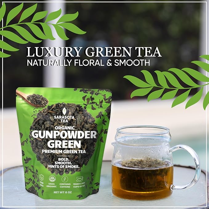 Organic Gunpowder Green Loose Leaf Tea | 100% USDA Organic Chinese Green Tea | Premium Grade | Bold & Earthy Flavor | 8oz Bulk Bag | High Antioxidants | Hot or Iced | Non-GMO