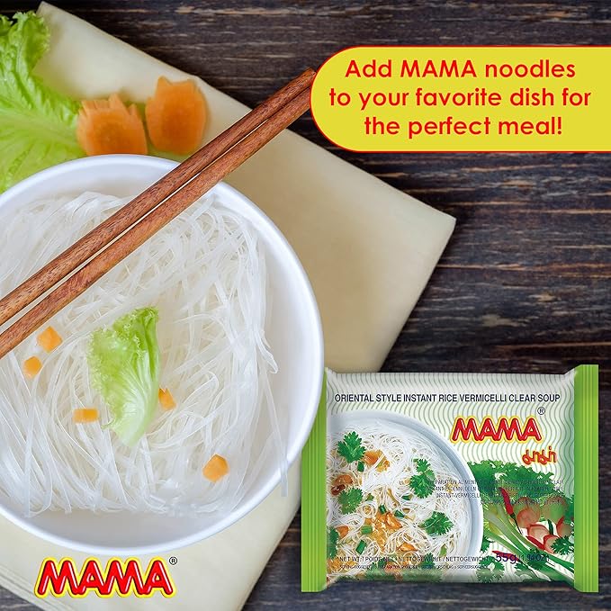 MAMA Noodles Vermicelli Clear Soup Instant Rice Noodles w/Delicious Thai Flavors, Hot & Spicy Noodles, No Trans Fat w/Fewer Calories Than Deep Fried Noodles 30 Pack