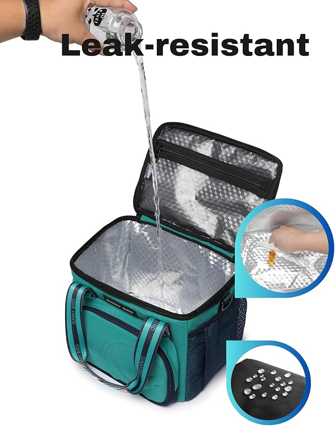 SUNNY BIRD 12L Large Insulated Lunch Bag, Leakproof and Foldable Lunch Cooler Box for Women Adult and Men, Fits 18 Cans (Turquoise Green)