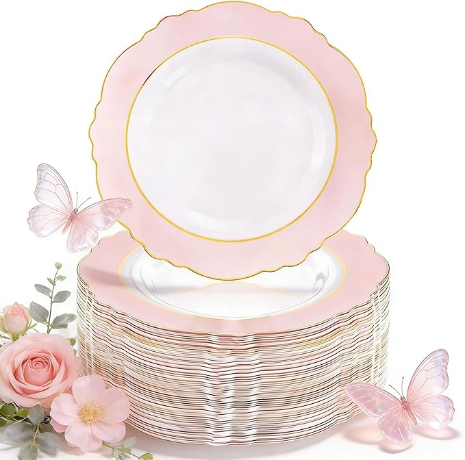 WDF 60pcs Pink Plastic Plates - 10.25inch Baroque Pink And Gold Disposable Dinner Plates for Upscale Parties -Special for Baby Shower/Birthday/Weddings