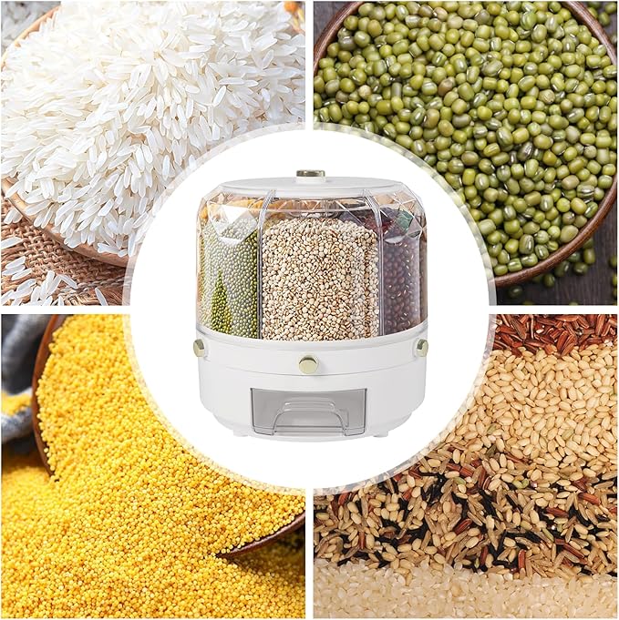 Grain and Rice Dispenser with 6 Compartments, Rotating Grain Storage Bin 6 Grids Rice Container, Kitchen Dry Food Storage Container or Pet Food Sealed Organizer