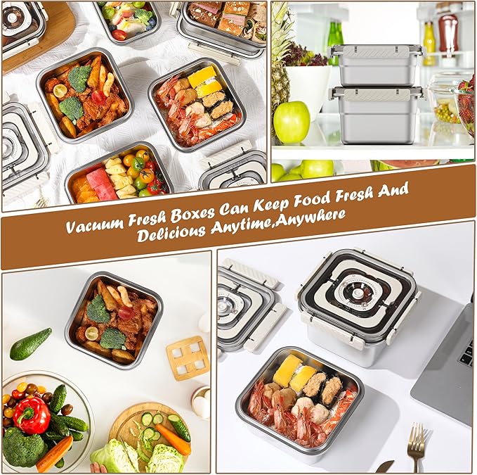 Stainless Steel Vacuum Food Storage Container with Handle- 1850ml/65oz, Large Capacity Leak-Proof Lunch Box with Hand Pump, Freezer & Dishwasher Safe - Portable for Work, Picnics