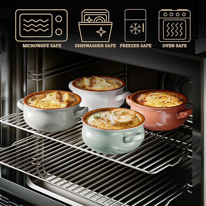 Ceramic Soup Bowls With Handles Set of 4 - 20 oz French Onion Soup Bowls Oven Safe - Dishwasher, Microwave & Oven Safe Bowl Set for Chili, Gumbo, Chowder - Soup Bowl With Handle - French Onion Crock