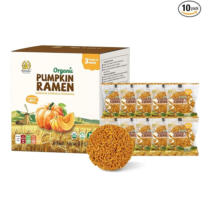 SUNGIVEN Organic Ramen Noodles Pumpkin Healthy Low Sodium Ready in 3 Minutes Non-Fried Instant No Additives or Preservatives 2.47 OZ (Pack of 10)
