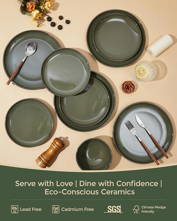 Pokini Ceramic Plate Set 10 Inch, Terracotta Dinner Plates of 6, Microwave Safe Plate, Large Serving Plates for for Salad Pasta Steak, Blackish Green