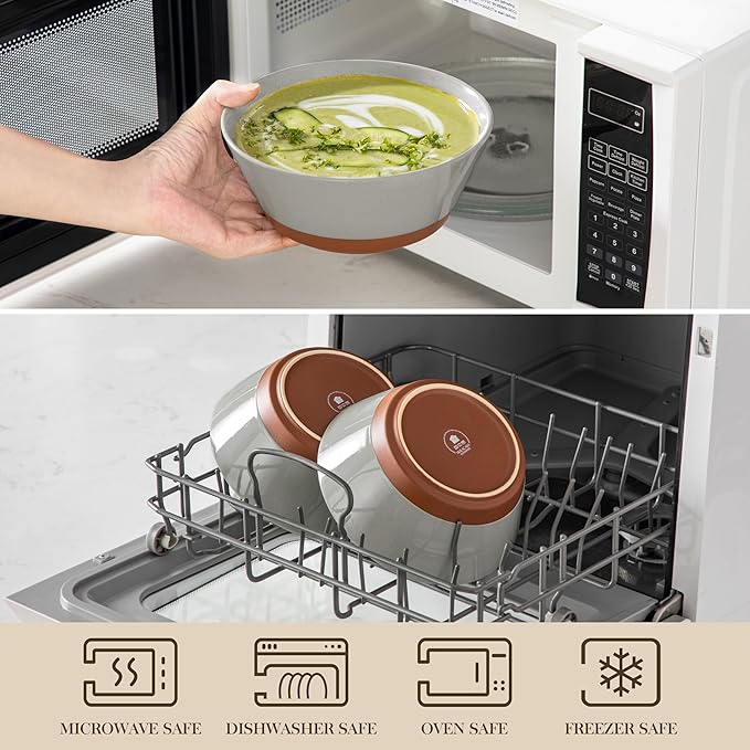 MALACASA Soup Bowls, Ceramic Salad Bowls Set of 4, 36oz Ceramic Bowls for Ramen, Cereal, Fruit and Pho, Microwave & Dishwasher Safe, Speckled Deep Bowls, Grey & Brown