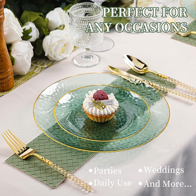 Lullaby 60pcs Green Plastic Plates with Gold Rim, Includes 30pcs Dinner Plate 10'' and 30pcs Clear Dessert Plate 7'', Green Disposable Plastic Plates for Parties, Birthdays and Wedding
