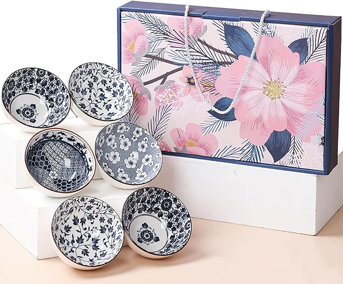 Rice Bowls 10oz, Japanese Style Bowls Set of 6 with Gift Box - Blue and White Ceramic Bowls for Soup, Dessert, Ice Cream, Snack - Kitchen Gifts for Women (Blue and White)