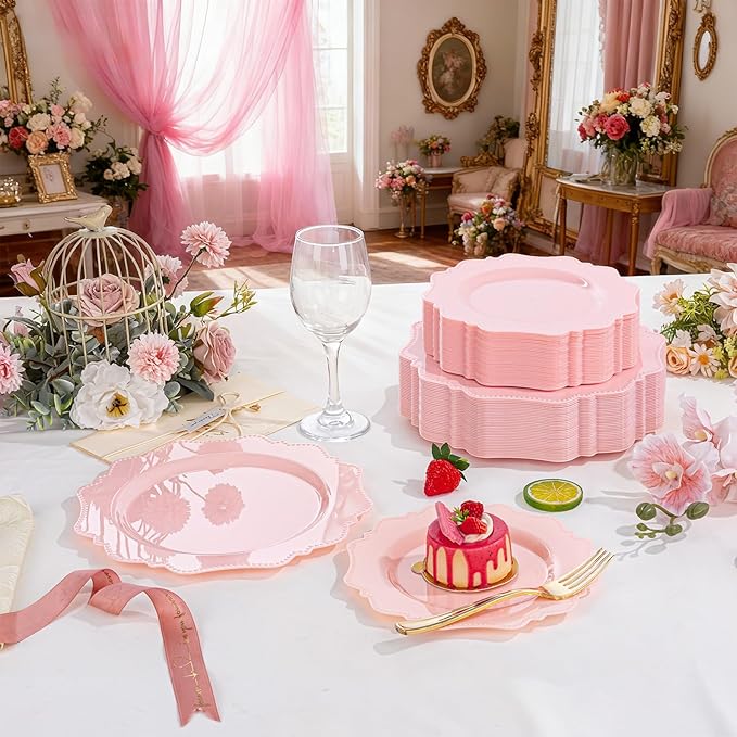 COLOSUS 60pcs Pink Plastic Dessert Plates - 7.5 Inch- Heavy Duty Disposable Plastic Appetizer/Salad/Cake Plates for Party Wedding and Everyday Use,Easter Day