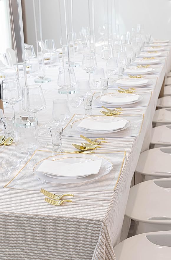 PLASTICPRO 96 Piece Aristocratic Combo Plastic Dinner Plates Disposable Plastic Fancy Heavy Duty Party Dishes 48, 7'' inch and 48, 10'' inch, Pearl White With Gold Rim