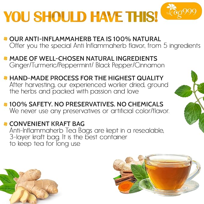 60 Tea Bags - Anti-Inflammaheb Loose Leaf Tea, 100% Natural from Ginger, Turmeric, Peppermint, Black Pepper, Cinnamon. Made with Natural Material Tea Bags. No Sugar, No Caffeine, No Gluten, Vegan.