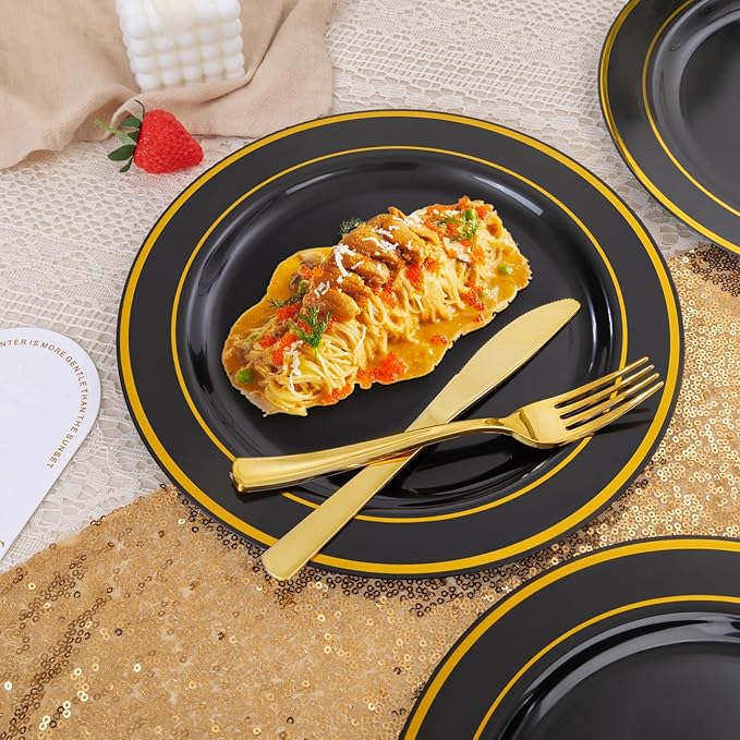 bUCLA 100 Pieces Black and Gold Plastic Dinner Plates - 10.25 inch Black Disposable Plates with Gold Rim - Ideal for Party, Graduation & New Year