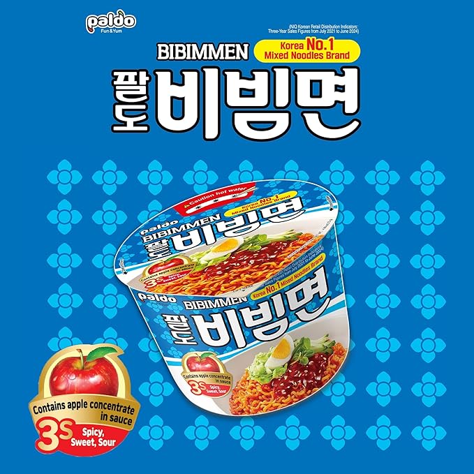Paldo Fun & Yum Bibim Men Instant Cold Cup Noodles, Brothless Cold Ramen with Sweet & Spicy Seasoning Sauce, Best Oriental Style Korean Ramyun, Soupless K-Food, 팔도 비빔면 킹 컵 115g (4.05 oz) x 16 Pack