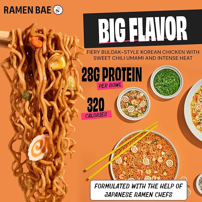 Ramen Bae High Protein Ramen Noodles Stir Fry - Korean Spicy Chicken Flavor 28g Protein - Air Dried Not Fried, Plant Based, Vegan Protein Noodles - Low Carb & Fat - Very Spicy (Pack of 6)