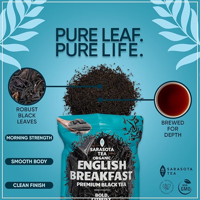 Organic English Breakfast Loose Leaf Tea | Traditional Strong Black Tea Blend | Full-Bodied Gourmet Flavor | High Caffeine | 8oz Bag | Fresh Leaves for Hot or Iced Tea | Non-GMO