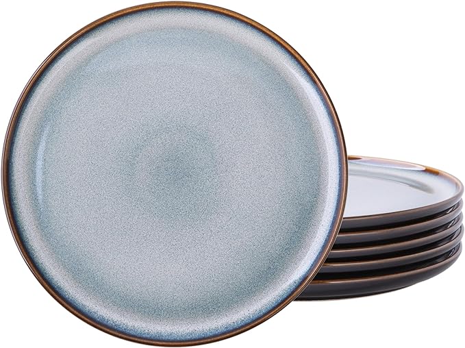 LERATIO Ceramic Plates Set of 6, 8.5 Inch Reactive Glaze Light Weight Porcelain Salad Plates,Modern Shape Dinnerware Dishes Set for Kitchen,Microwave&Dishwasher&Oven Safe,Resistant-Gray Blue