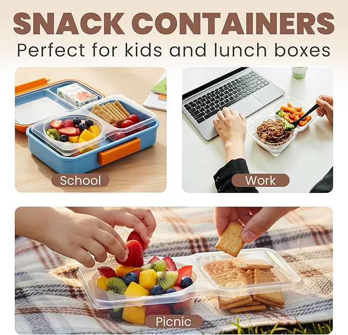 Reusable Snack Containers with Lids 10 Pack – 2 Compartment Portion Control Food Storage Boxes, Leakproof Snack Tray, Stackable Containers for Travel, Office & Home (10)