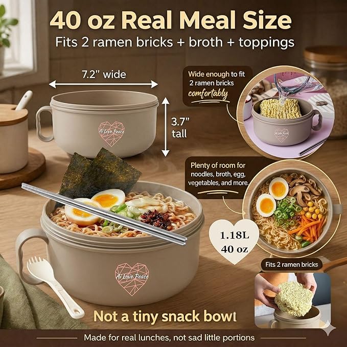 AI LOVE PEACE Ramen Bowl, 40 oz Microwaveable Noodle Cooker for Ramen, Pho, Soup, and Pasta, Dishwasher Safe and Portable, Ideal for Home, Office, Dorm, or Gift (Beige)