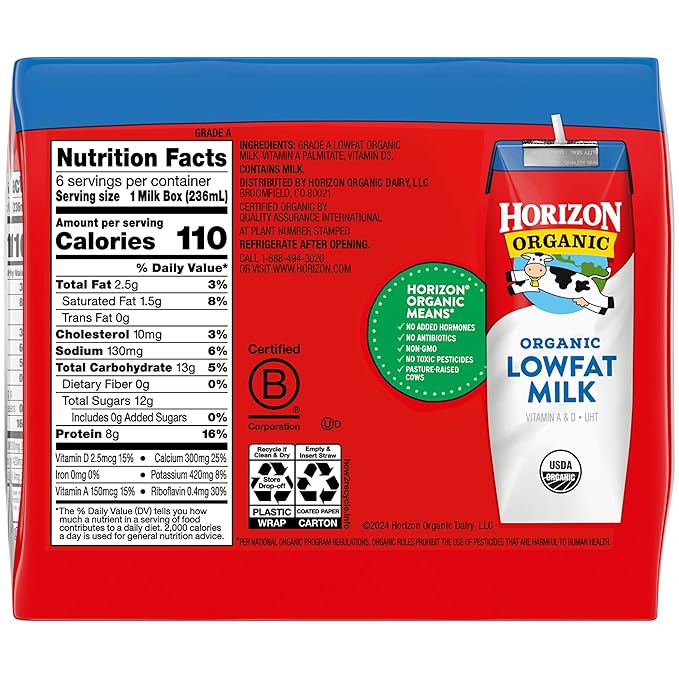 Horizon Organic Shelf Stable 1% Lowfat Milk Boxes, Pack of 6-8g Protein per Serving