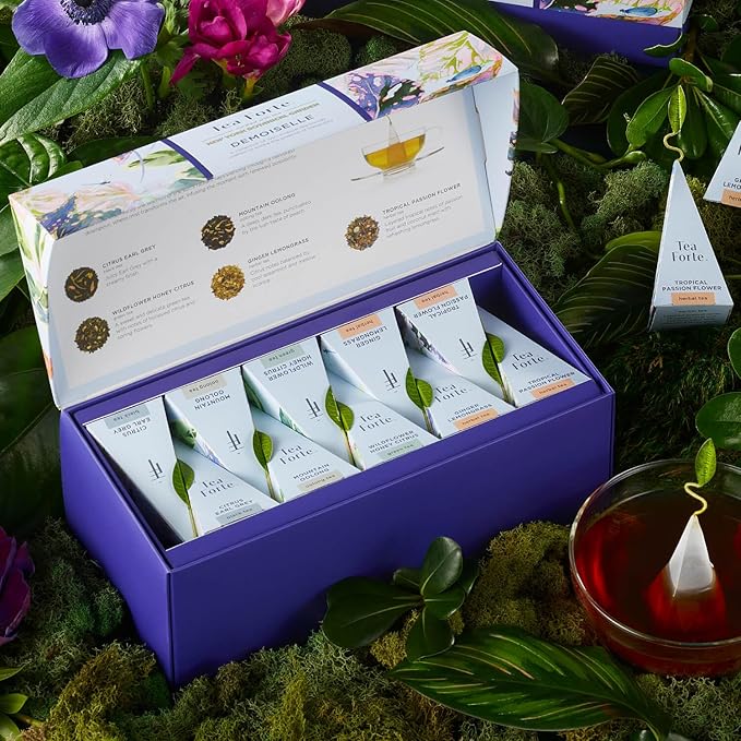 Tea Forte Premium Presentation Box Gift Set Sampler, 20 Count, Assorted Blends Individually Wrapped Handcrafted Pyramid Infuser Bags, Gifts for Mom, Demoiselle Tea