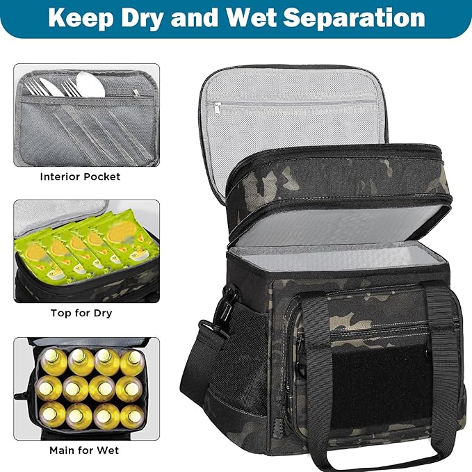 GLENKEY Tactical Lunch Box Cooler Bag - Expandable Insulated Lunch Bag for Men Women - XLarge Lunchbox for Adults Work Shifts Outdoor Trips Black Camo 22L