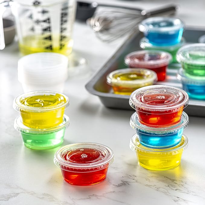 Pantry Value 3.25 oz Jello Shot Cups with Lids [200 Count] Clear Disposable Plastic Portion Containers, Condiment Cups for Sauces, Dressings & Samples - Durable, Stackable, Leak-Resistant