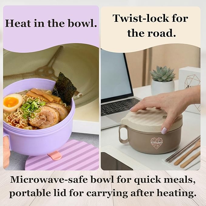 AI LOVE PEACE 2 Pack Microwave Ramen Bowls, 40 oz Ramen Noodle Bowl Set with Lids, Soup Bowls for Pho, Pasta, Rice and Oatmeal, Dishwasher Safe (Purple & Beige)