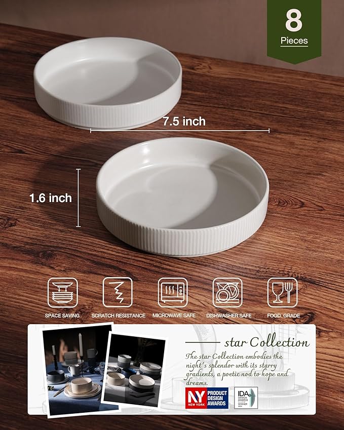 famiware Star 7.5" Pasta Bowls Set, Salad Bowl Set of 8, Double Reactive Glaze, Stackable, Ideal for Your Friend for Housewarming, Festivals, Matte White