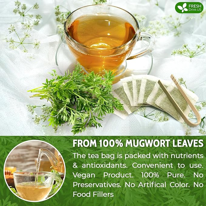 FRESHDRINKUS, Premium 120 Mugwort Leaf Tea Bags, 100% Natural and Pure Mugwort Leaves. No Sugar, No Caffeine, No Gluten, Vegan.