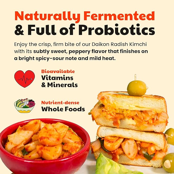 Olive My Pickle Fermented Kimchi - 16 Ounces | 1-Pack Bundle of Probiotic Daikon Radish Kimchi | Fresh & Flavorful Korean Food with Natural Probiotics for Gut Health - Perfect for Ramen & Spicy Noodles