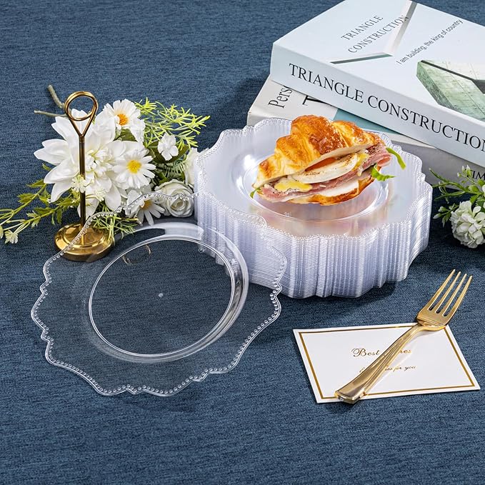 COLOSUS 100pcs 7.5 Inch Clear Plastic Dessert Plates-Heavy Duty Disposable Plastic Cake Plates,Premium Salad Plate,Fancy Disposable Cake Plate for Party for Party Thanksgiving and Everyday Use