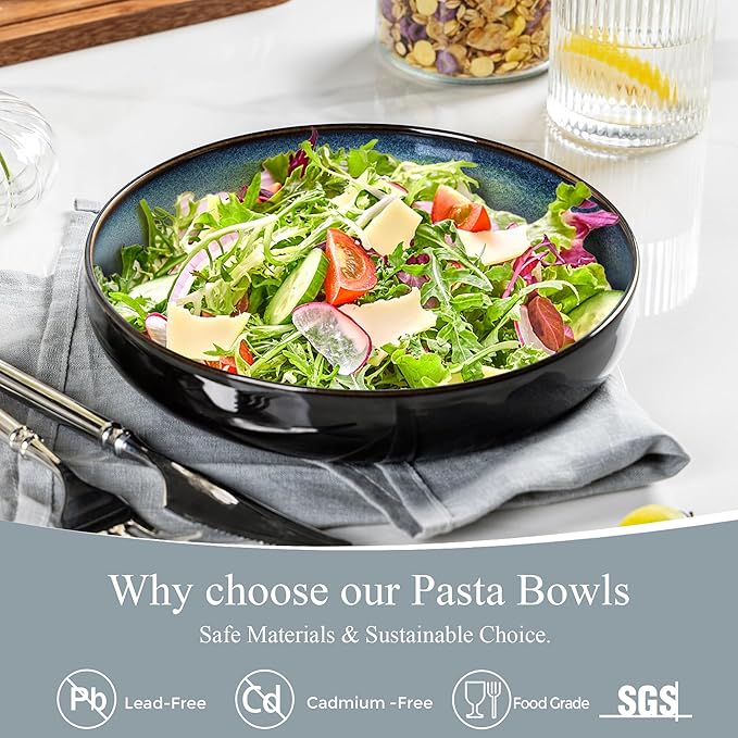 LERATIO Large Pasta Bowls,38oz Ceramic Pasta Bowls,8.5" Reactive Glaze Pasta Bowl Set of 4,Microwave & Dishwasher,Oven Safe,Wide Serving Bowls for Salad,Pasta,Fruit,Scratch Resistant