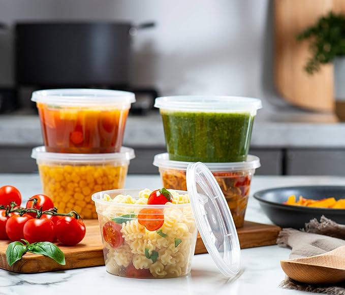 ELEGANT DISPOSABLES 16 OZ - 24 Sets Plastic Deli Food Storage Containers with Airtight Flexible Lids Microwavable, Leak Free, Washable, Freezer Safe.