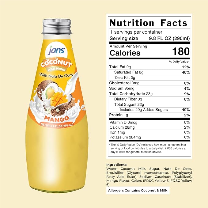 JANS - COCONUT MILK DRINK (with NATA DE COCO) MANGO 9.8 OZ (Pack of 1, Mango)