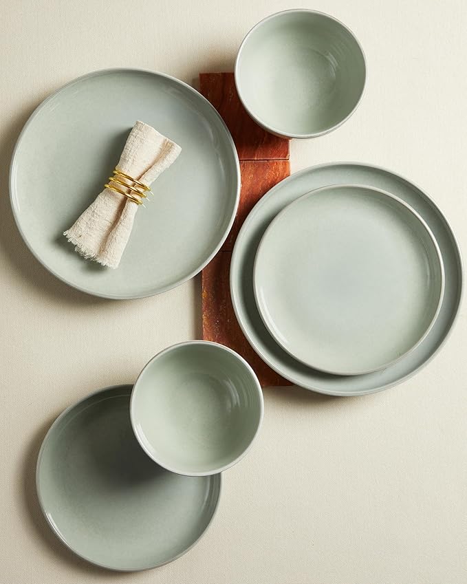Pokini 24 Piece Dinnerware Set for 8, Santorini Mist Terracotta Plates and Bowls Sets, Complete Stoneware Dish Set for Large Families and Entertaining, Microwave & Dishwasher Safe, Slate Green