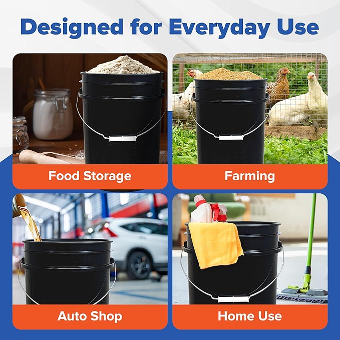 ePackageSupply 5 Gallon Bucket - Food Grade Bucket with Airtight Gamma Seal Screw-On Lid, BPA-Free, Heavy-Duty 90 Mil HDPE Plastic, Bulk Storage, Durable Container, Made in USA, Black/Yellow, 3 Packs