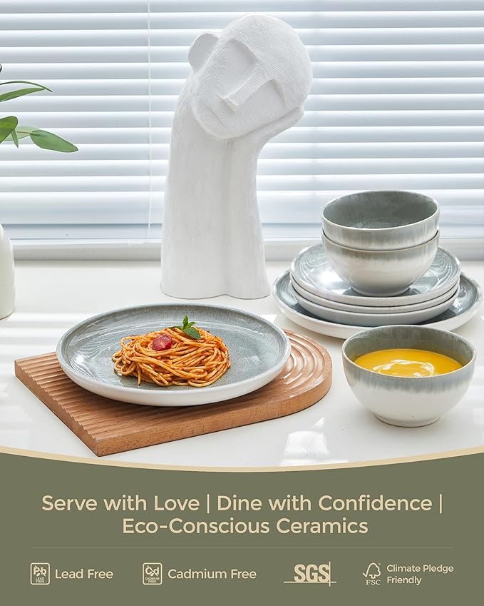 Pokini 24 Piece Dinnerware Sets for 8, Modern Stoneware Plates and Bowls Sets, Perfect for Family Gatherings & Holiday Celebrations, Easy Cleaning Dishes, Stack Compactly Plate Set, Gradient Green
