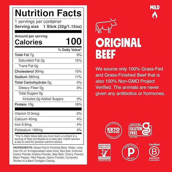 Chomps Grass-Fed and Finished Original Beef Jerky Snack Sticks 10-Pack - Keto, Paleo, Whole30, 10g Lean Meat Protein, Gluten-Free, Zero Sugar Food, Non-GMO