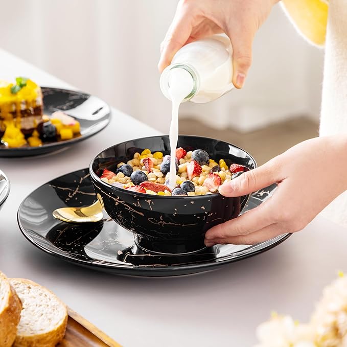 LOVECASA Plates and Bowls Sets for 6, 24 Pieces Porcelain Dinnerware Sets, Black and Gold Dish Set Gold Splash Dishware Sets, Dishwasher Microwave Safe