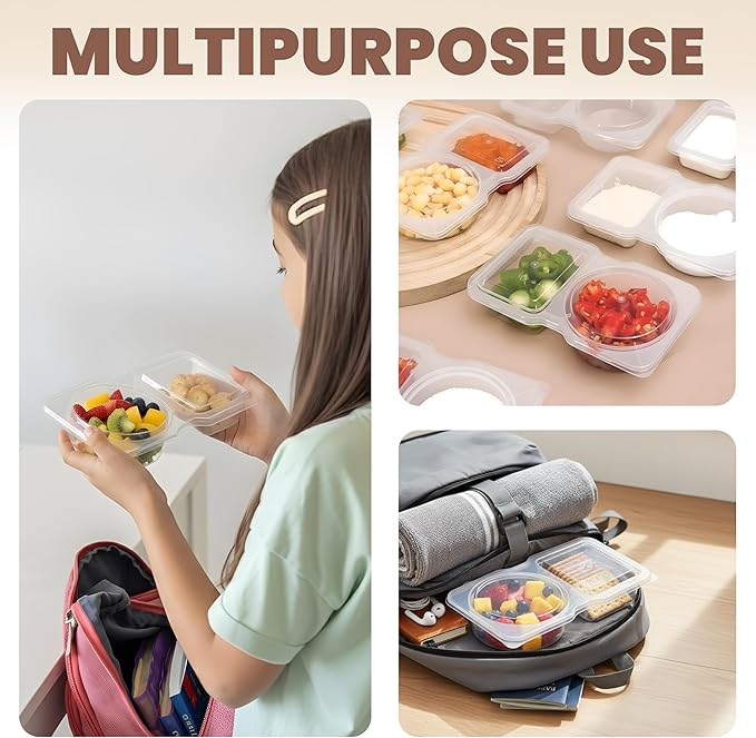 Reusable Snack Containers with Lids 30 Pack – 2 Compartment Portion Control Food Storage Boxes, Leakproof Snack Tray, Stackable Containers for Travel, Office & Home (30)