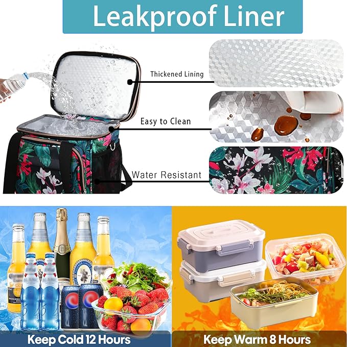 GLENKEY Tactical Lunch Box Cooler Bag - Expandable Insulated Lunch Bag for Men Women - Large Lunchbox for Adults Work Shifts Outdoor Trips Floral 16L