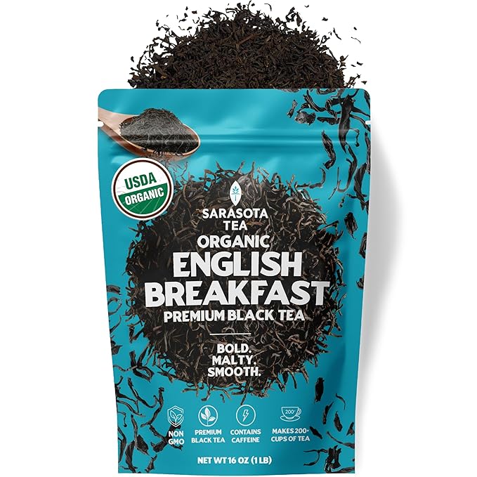USDA Organic English Breakfast Loose Leaf Tea 1 lb – Strong Black Tea Blend, Full-Bodied High Caffeine – Bulk Gourmet Whole Leaf Tea – Non-GMO Fresh Leaves for Hot Tea or Iced Tea