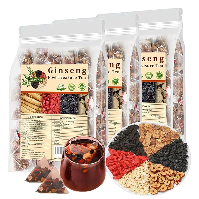 Ginseng Five Treasure Tea, Kidney Tea Formula Ginseng Six Treasure Red Date Natural Detox, Organic Chinese Herbal Kidney Cleanse for Men & Women (3 Bags 75 Pcs)