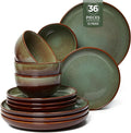 Pokini Stoneware Dinnerware Sets Service for 12, 36 pcs Reactive Glaze Plates and Bowls Sets, Handmade Ceramic Dish Set, Highly Chip and Crack Resistant Modern Plate Set, Brown Green