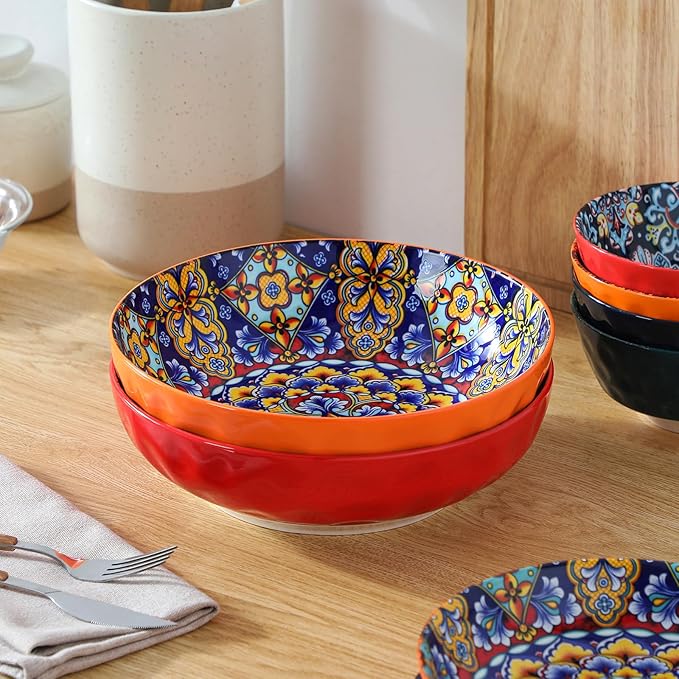 vancasso Large Serving Bowls, 78 Oz Extra Large Salad Bowls Set of 2, Bohemian Decorative Bowls for Salad, Fruit, Pasta and Dinner, Serving Dishes Set for Party, Dishwasher & Microwave Safe－Red