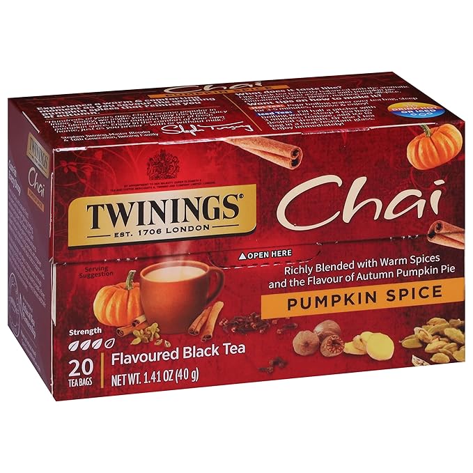 Twinings Pumpkin Spice Chai Black Tea Individually Wrapped Bags, 20 Count (Pack of 6), Warm, Spicy & Aromatic, Caffeinated, Enjoy Hot or Iced, 120 Teabags