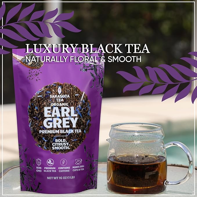 Organic Earl Grey Loose Leaf Black Tea | USDA Organic Bergamot Black Tea | Premium Full Leaf | 1 lb Bulk Bag (16 oz) | Smooth Citrus Aroma | Hot or Iced | Non-GMO