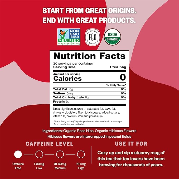 FGO Organic Rosehips Tea, 20 Count, Eco-Conscious Herbal Tea Bags, Resealable Bag, Caffeine Free, Packaging May Vary (Pack of 1)