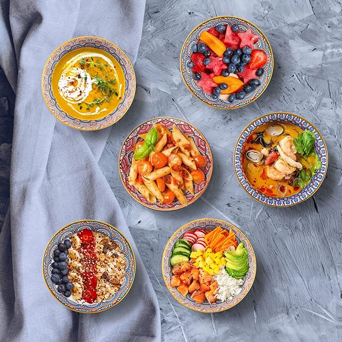Ceramic Rice Bowls 10 oz, Bohemian Style Bowl Gift Set, Assorted Dinnerware Serving Bowls for Cereal, Soup, Dessert, Snack, Fruit, Salsa, Pack of 6 (Geometric Pattern)