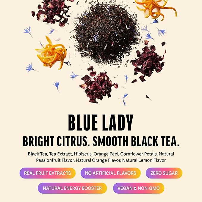 Zest Energy Black Tea - Blue Lady Loose Leaf Blend - High Caffeine Passion Fruit - Caffeinated Coffee Altnernative/Substitute - Natural, Non-GMO & Keto Friendly - Hot or Iced - 50 Servings - 150mg Caf